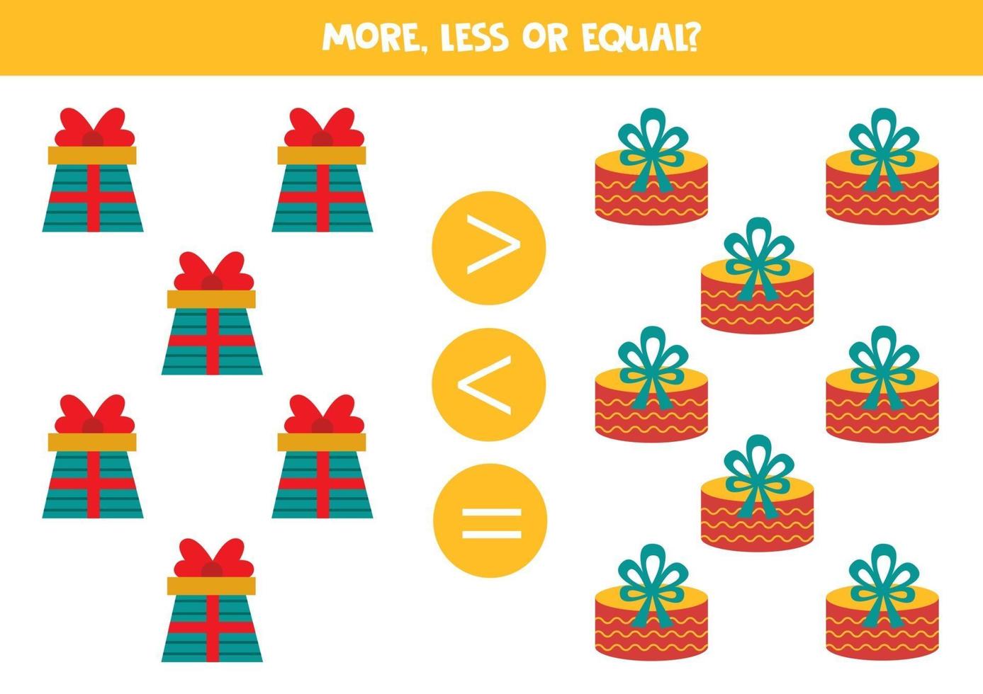 Math game with cartoon gift boxes. Educational worksheet. vector