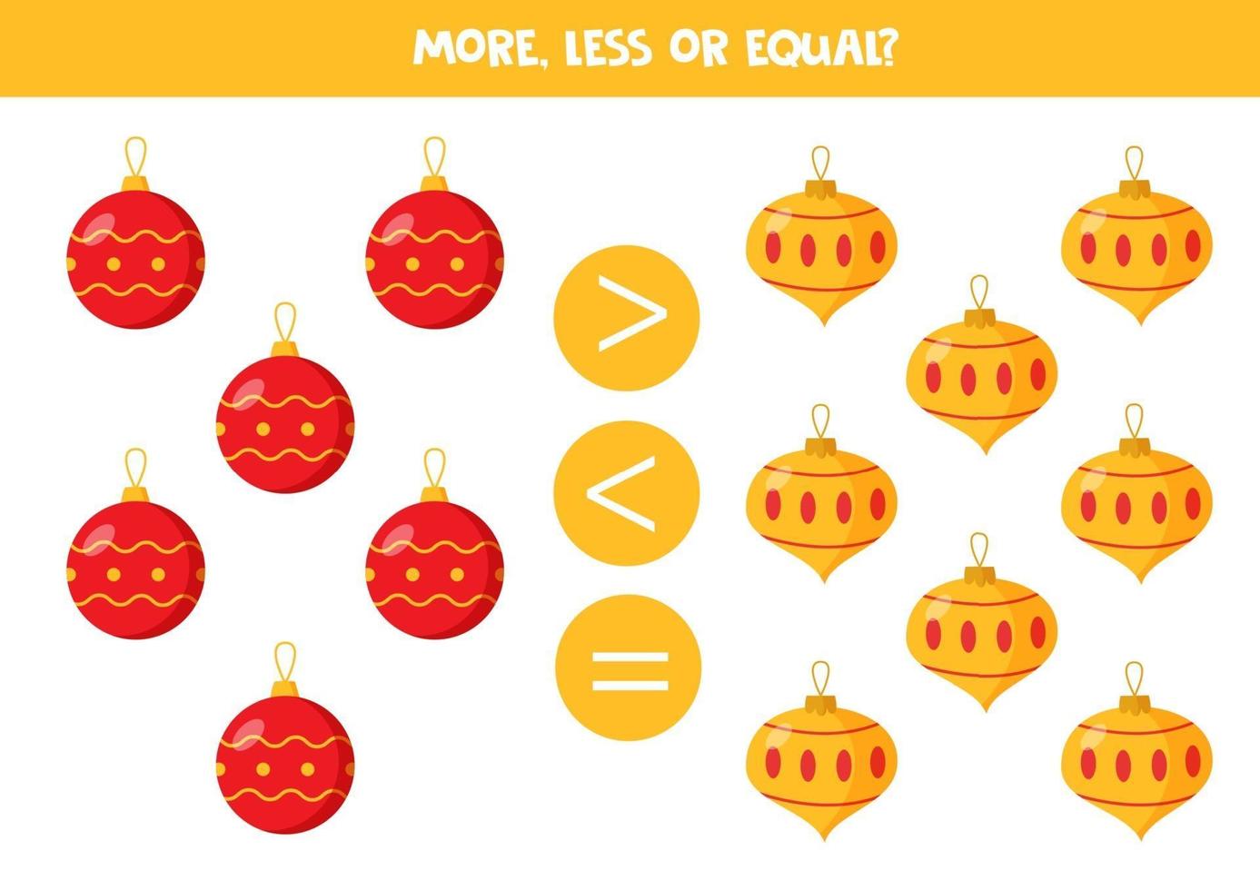 More, less, equal with Christmas baubles. Comparison of numbers for kids. vector