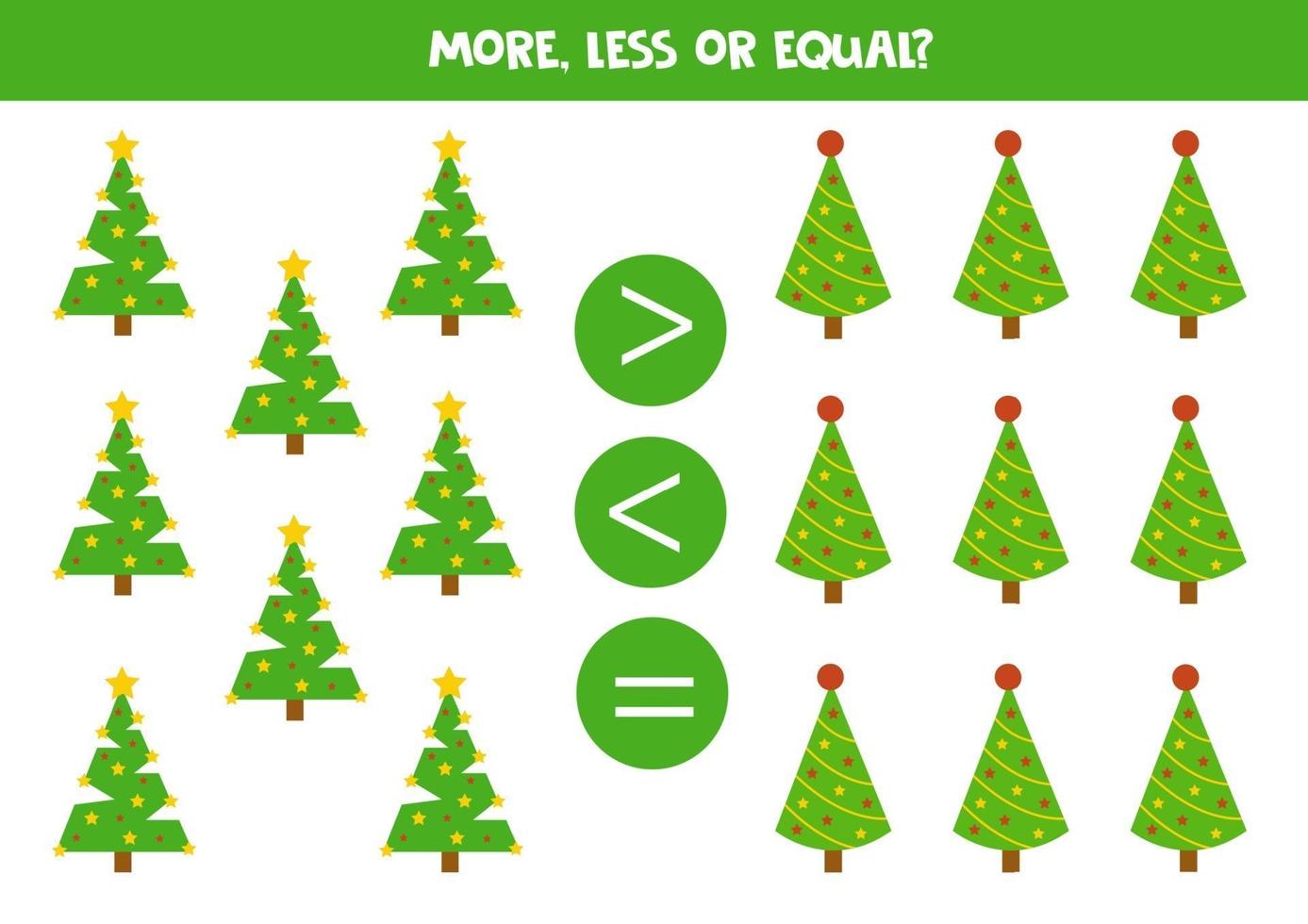 Math game with Christmas fir trees. Educational worksheet. vector