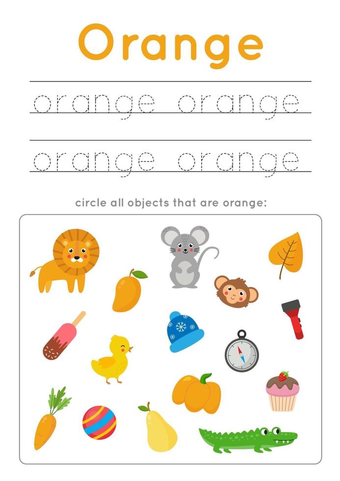 aprendiendo el color naranja para niños en edad preescolar. Practica de la escritura. vector