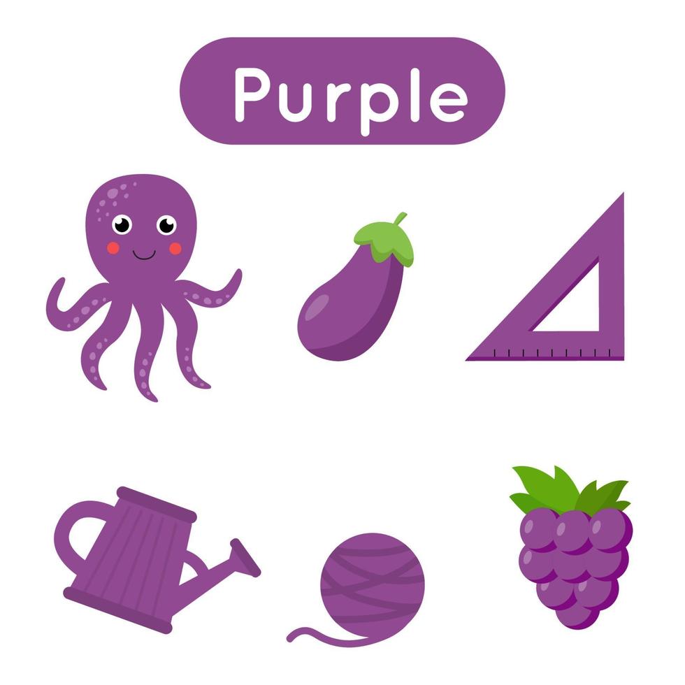 tarjetas de memoria flash con objetos en color morado. hoja de trabajo educativa imprimible. vector