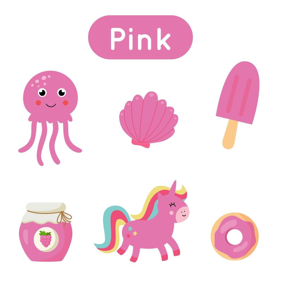 Flash cards with objects in pink color. Educational printable worksheet. vector