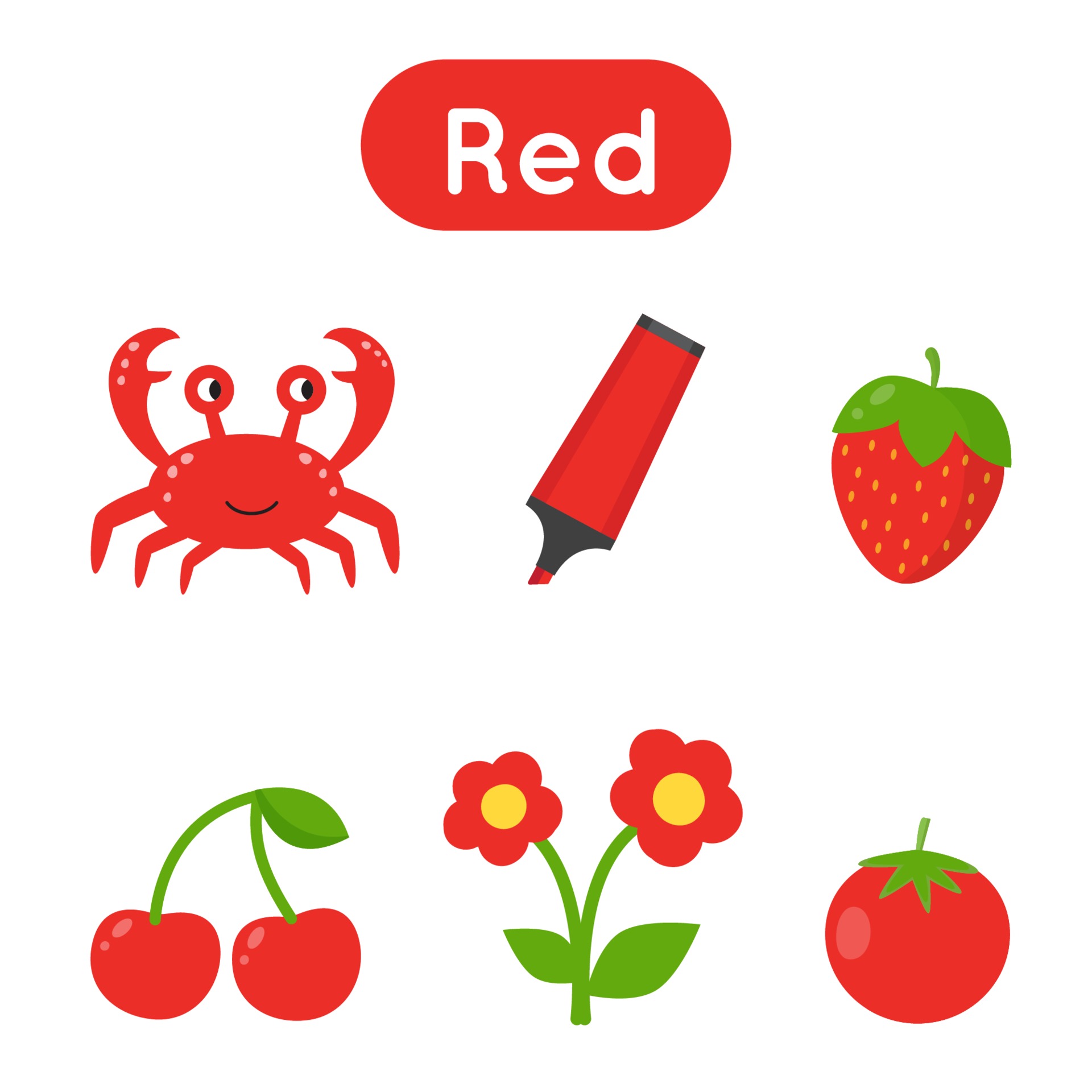 Flash cards with objects in red color. Educational printable worksheet. 2171122 Vector Art at