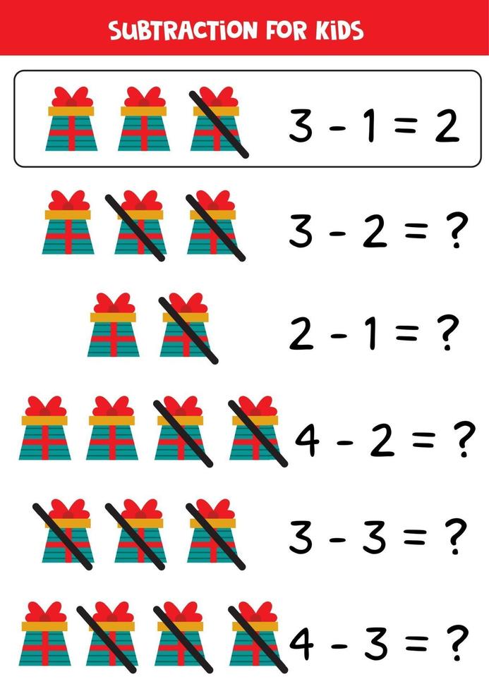 Subtraction with cartoon gift boxes. Math worksheet. vector