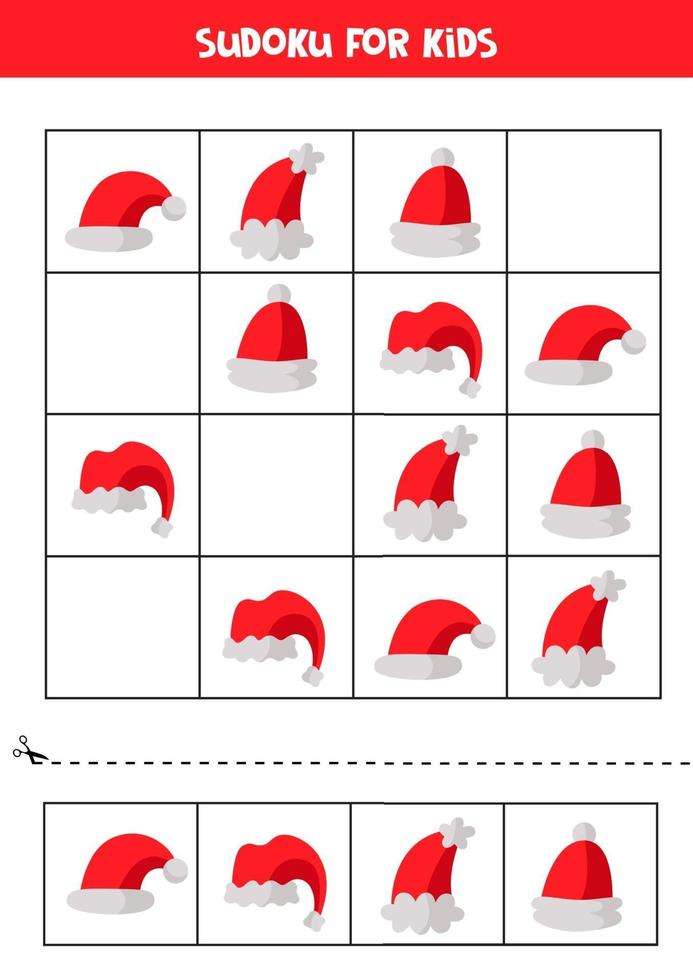 Educational Sudoku game with cartoon Santa Claus caps. vector