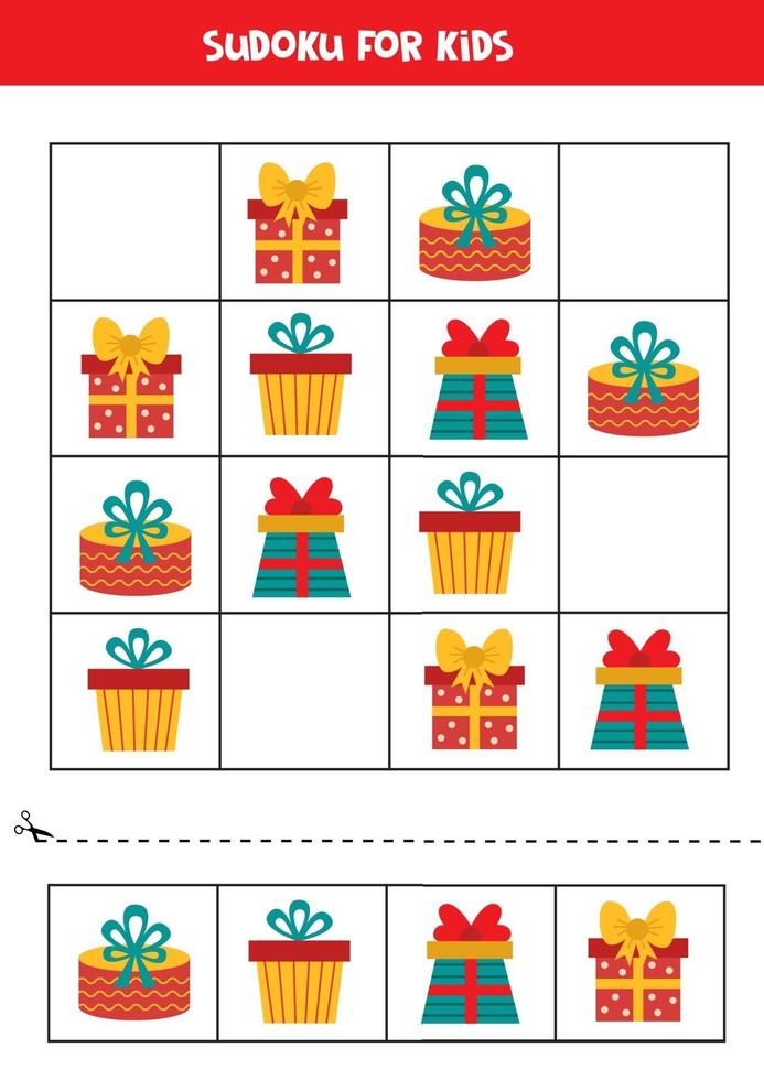 Sudoku puzzle game for kids. Set of Christmas present boxes. vector