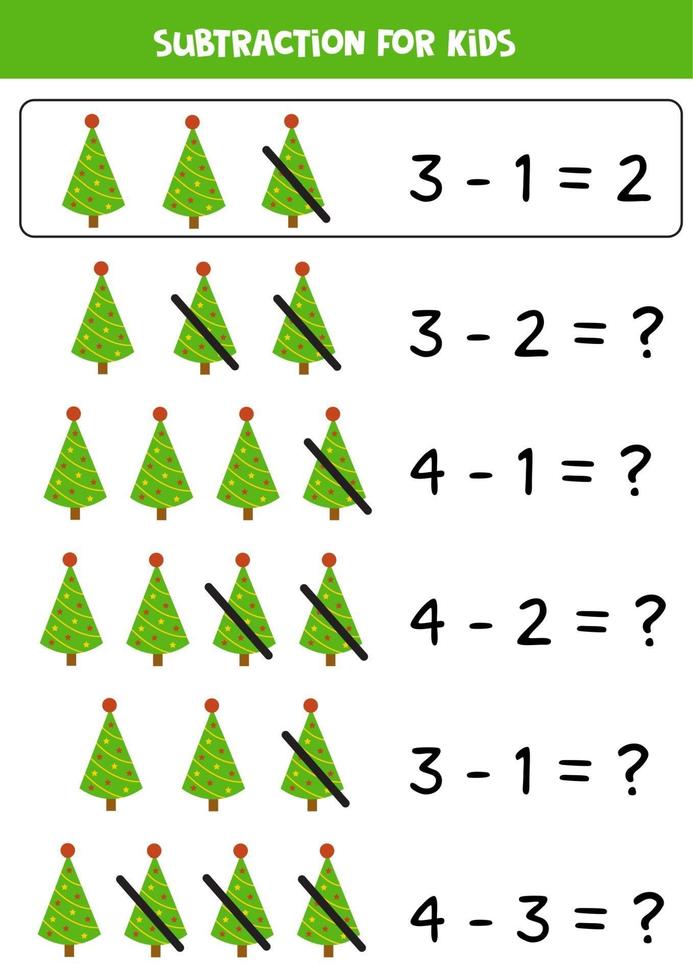 Subtraction game with cute cartoon fir trees. vector