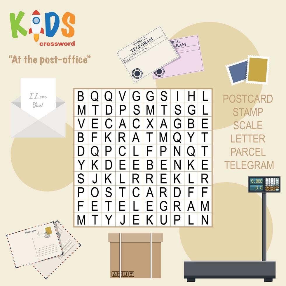 At the post-office word search crossword vector