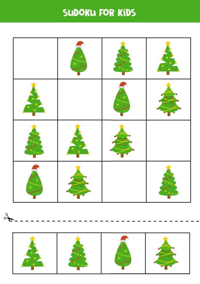 Sudoku game with cartoon Christmas trees. Learning for kids. vector