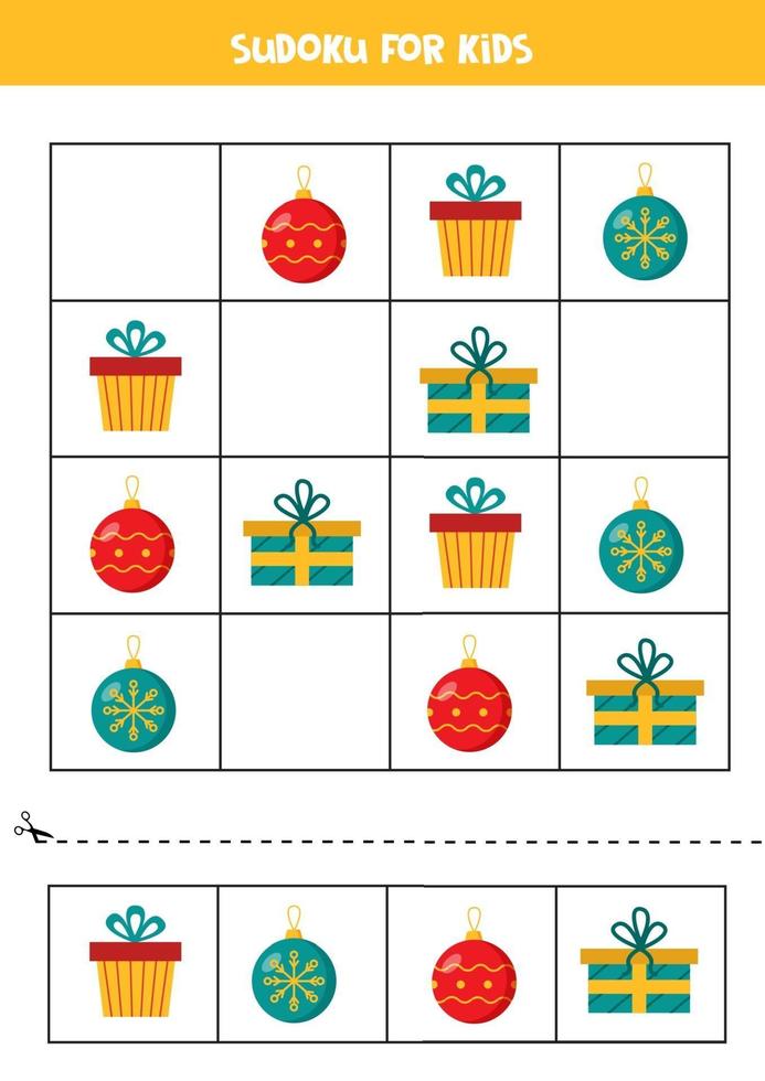 Sudoku puzzle para niños en edad preescolar con bolas de Navidad y regalos. vector