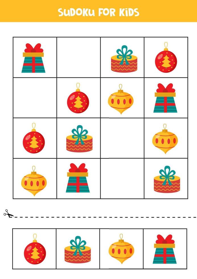 Sudoku game for kids. Set of Christmas balls and present boxes. vector