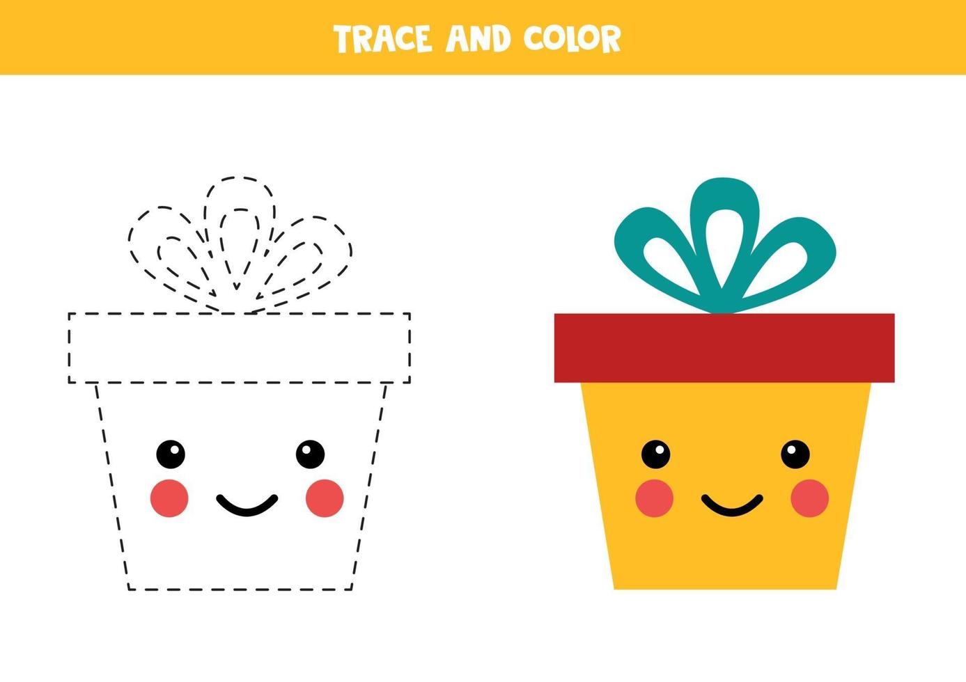 Handwriting practice for kids. Trace and color kawaii gift box. vector