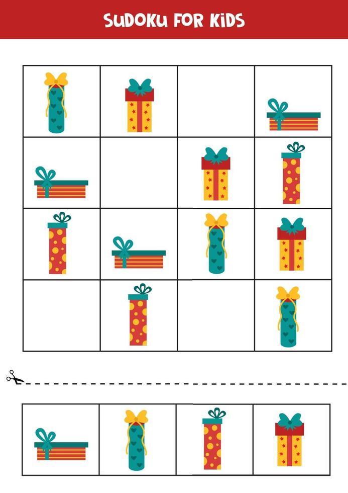 Sudoku puzzle game for kids. Set of Christmas present boxes. vector