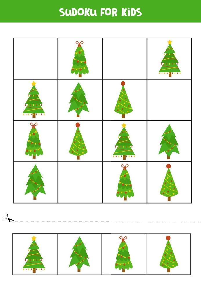 juego de rompecabezas sudoku con lindos árboles de navidad. vector