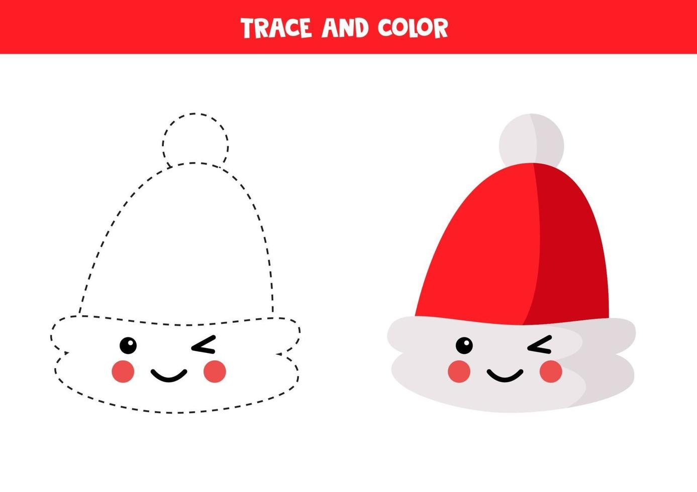 Trace and color cute kawaii Santa Claus hat. vector