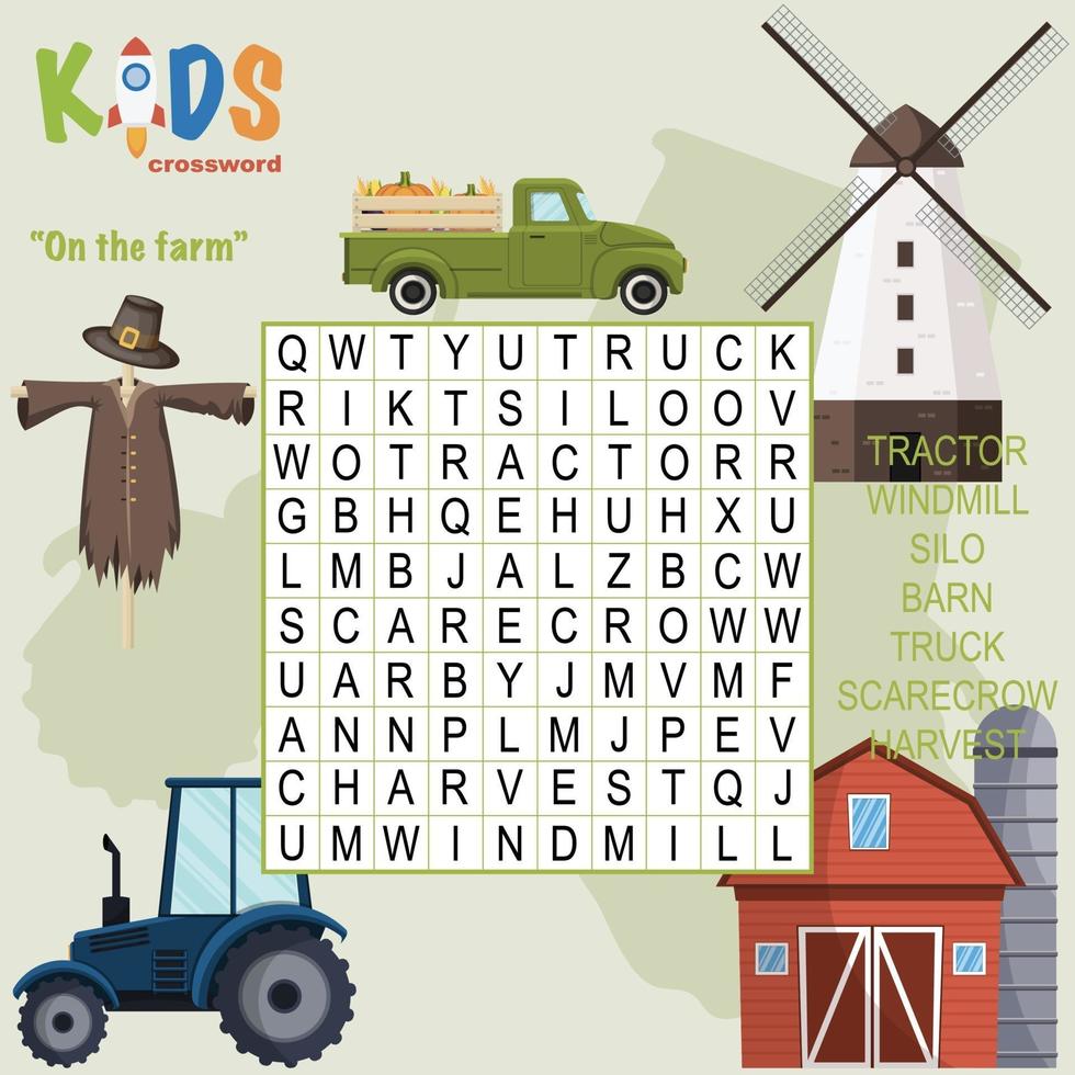 On the farm word search crossword vector