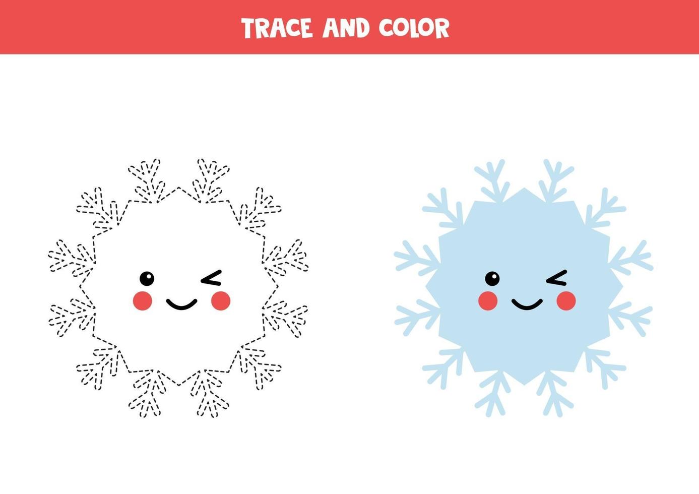 Trace and color kawaii snowflake. Writing skills practice. vector