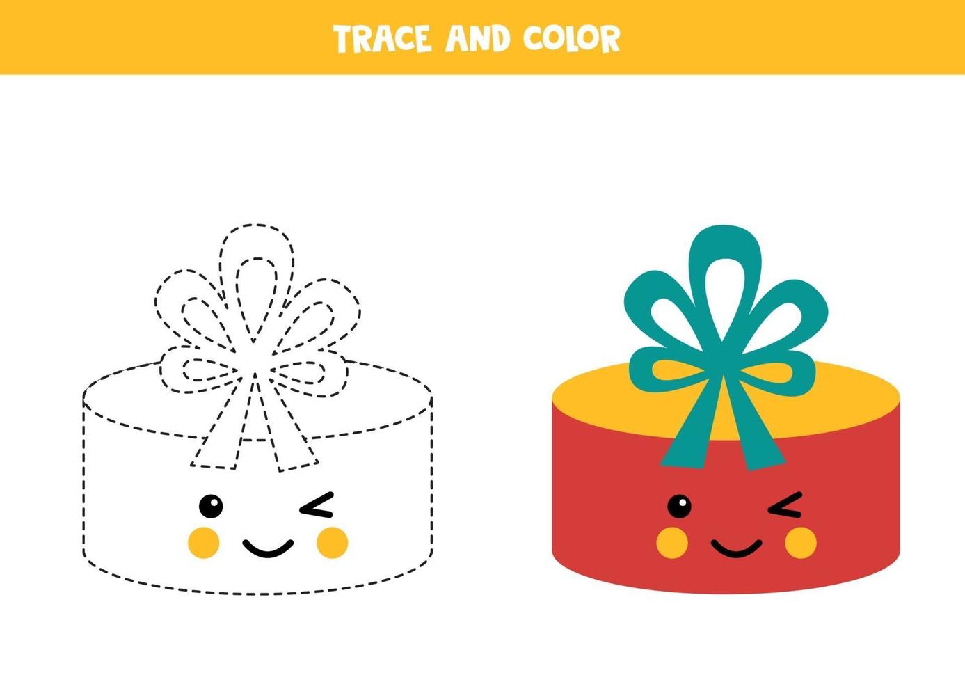 Tracing worksheet for kids. Color cute present box. vector