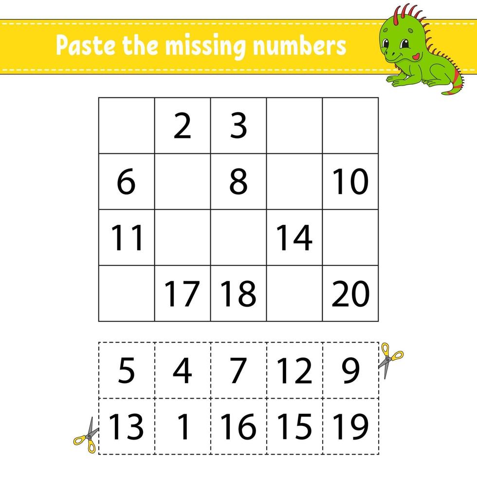 Paste the missing numbers 1-20. Game for children. Handwriting practice. Learning numbers for kids. Education developing worksheet. Activity page. Isolated vector illustration in cute cartoon style.