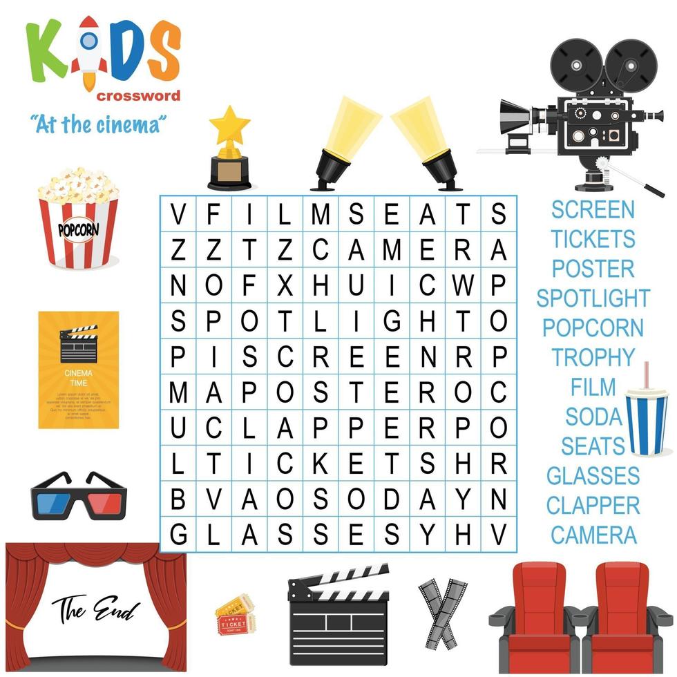 At the cinema word search crossword vector