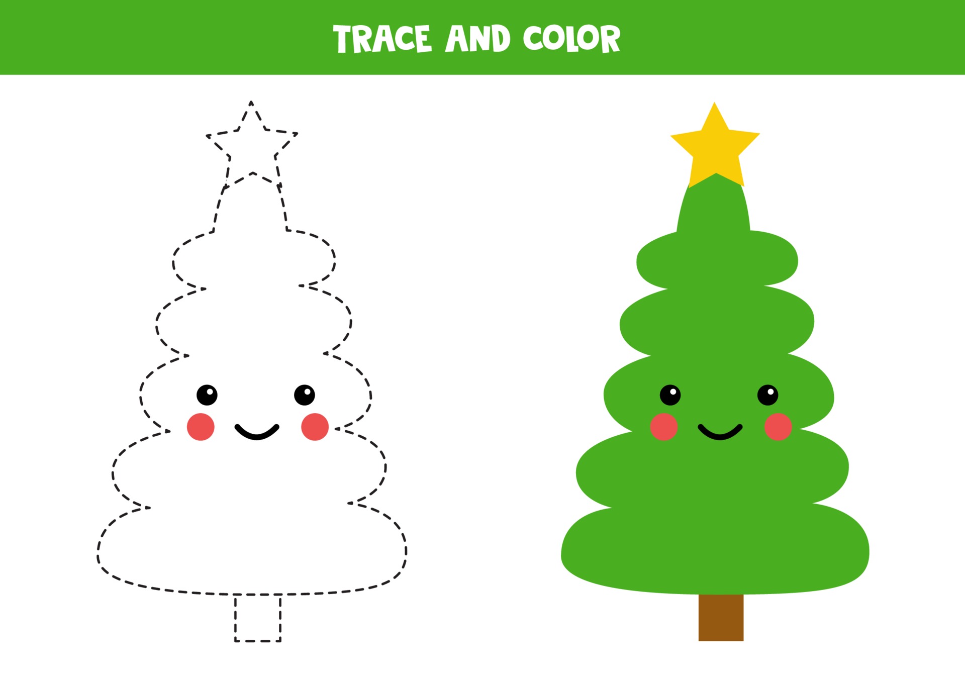 Tracing worksheet for kids. Color cute fir tree. 2171180 Vector Art at
