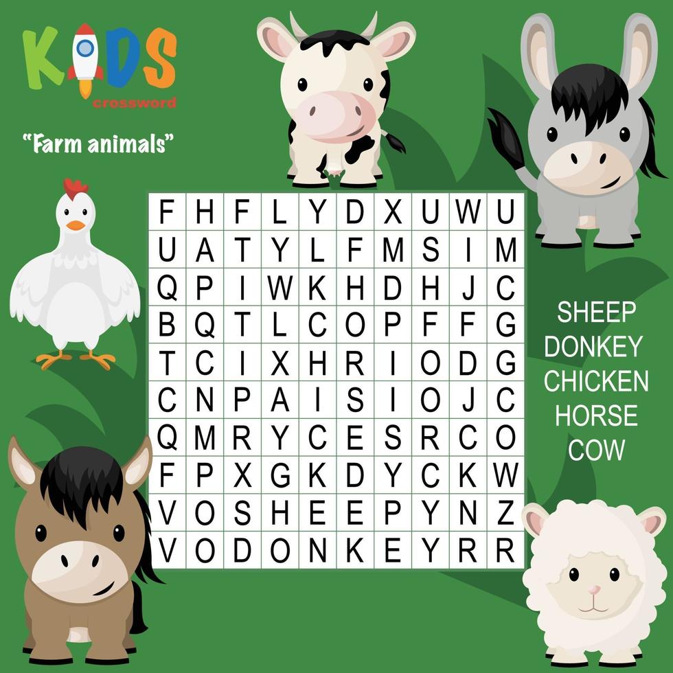 Farm animals word search crossword vector