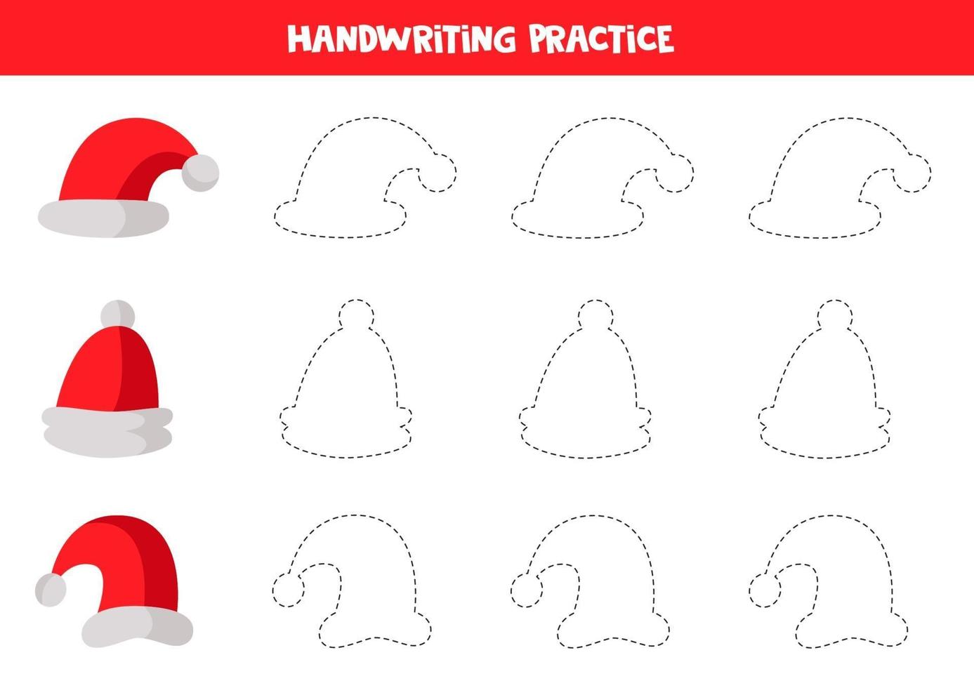 Tracing lines for kids. Trace contours of red Santa Claus caps. vector