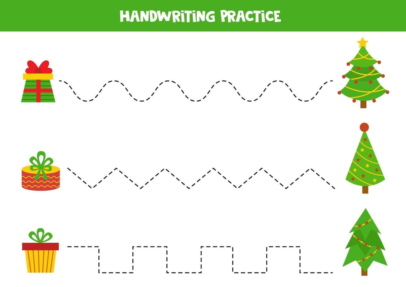 práctica de escritura a mano con abetos de dibujos animados y cajas de regalo. vector