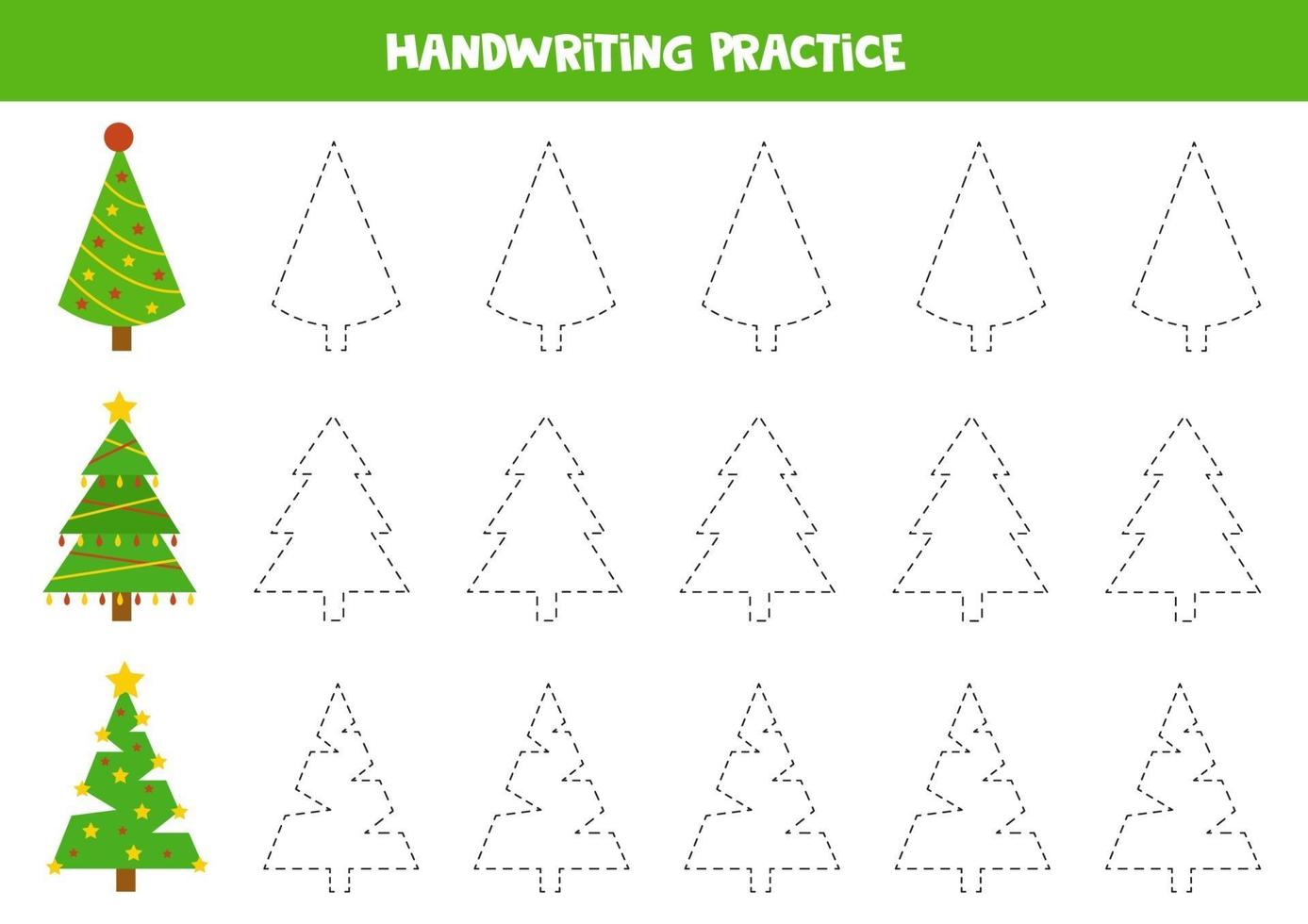 práctica de habilidades de escritura. trazar líneas con árboles de navidad. vector