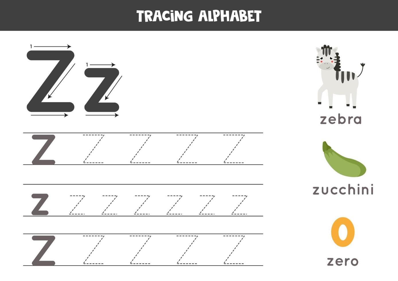 Z is for zebra, zero, zucchini. Tracing English alphabet worksheet