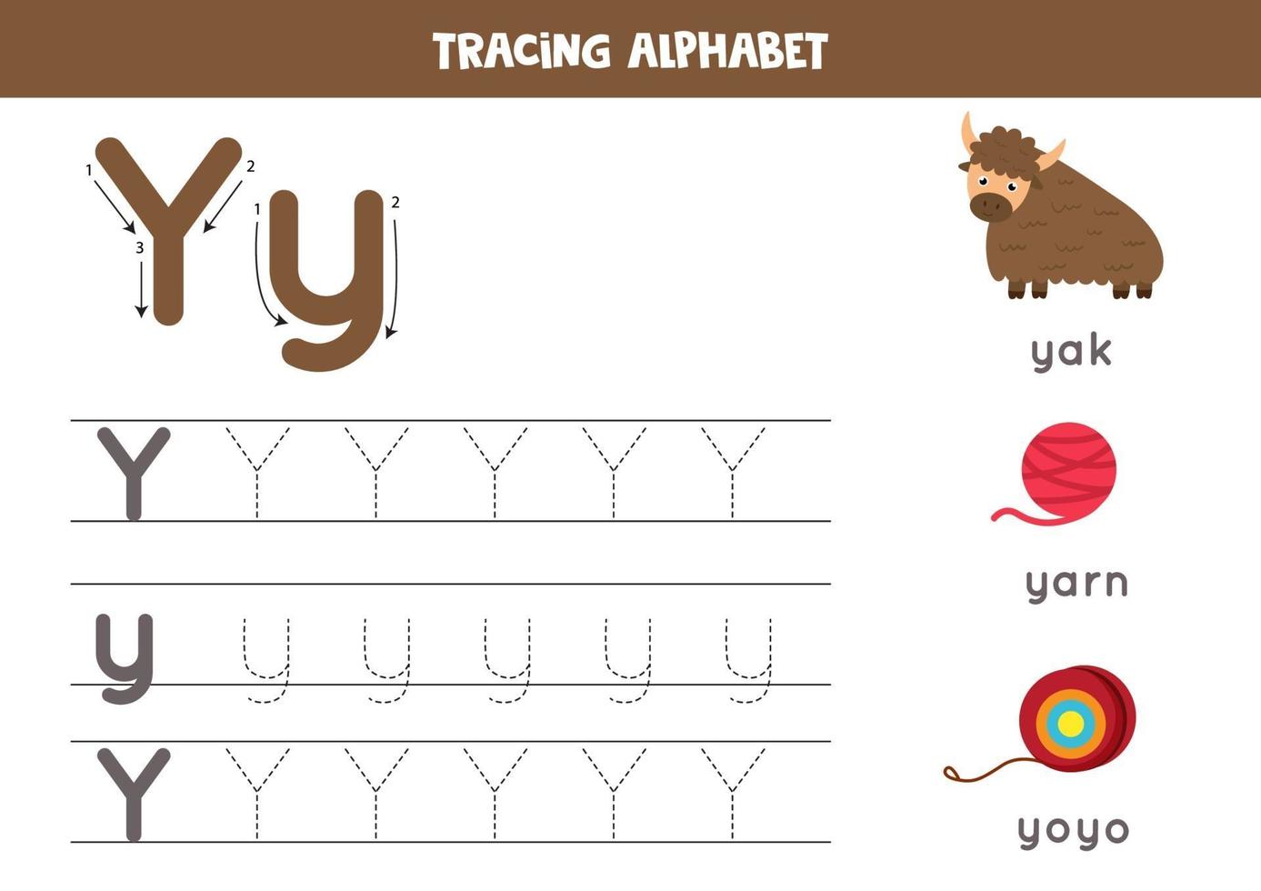 Tracing alphabet letter Y with cute cartoon pictures. vector