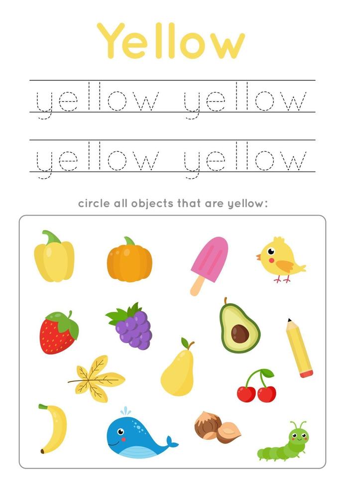 Learning yellow color for preschool kids. Writing practice. vector