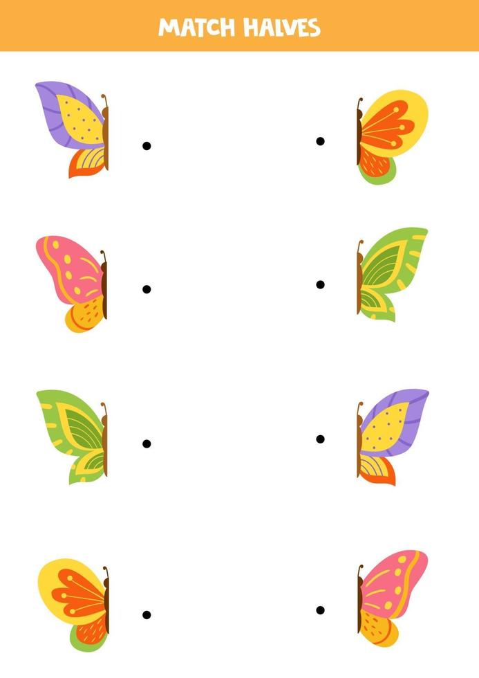 emparejar partes de mariposas de colores. juego de lógica para niños. vector