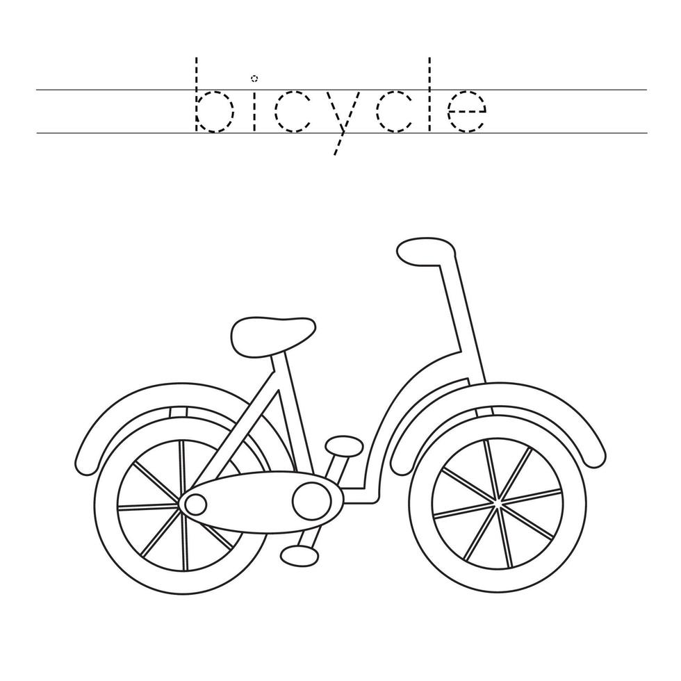 trazando letras con bicicleta de dibujos animados. Practica de la escritura. vector