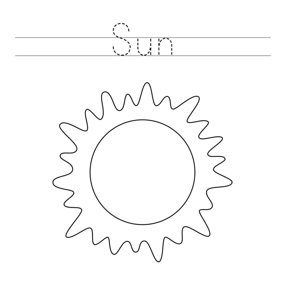 Tracing letters with Sun. Writing practice for kids. vector