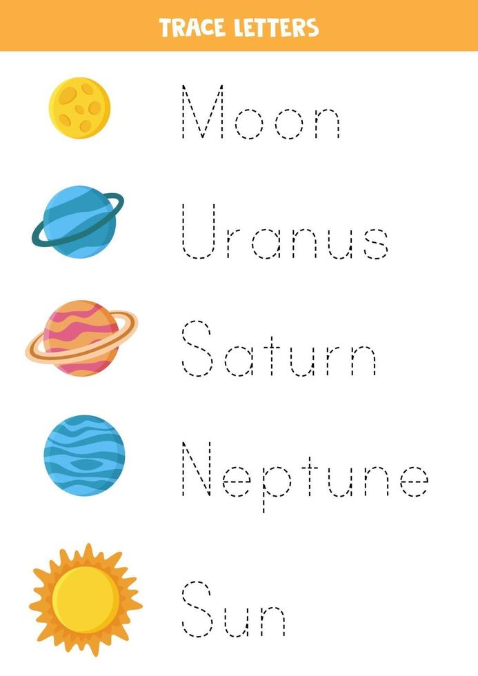 Tracing letters with solar system planets. Writing practice. vector