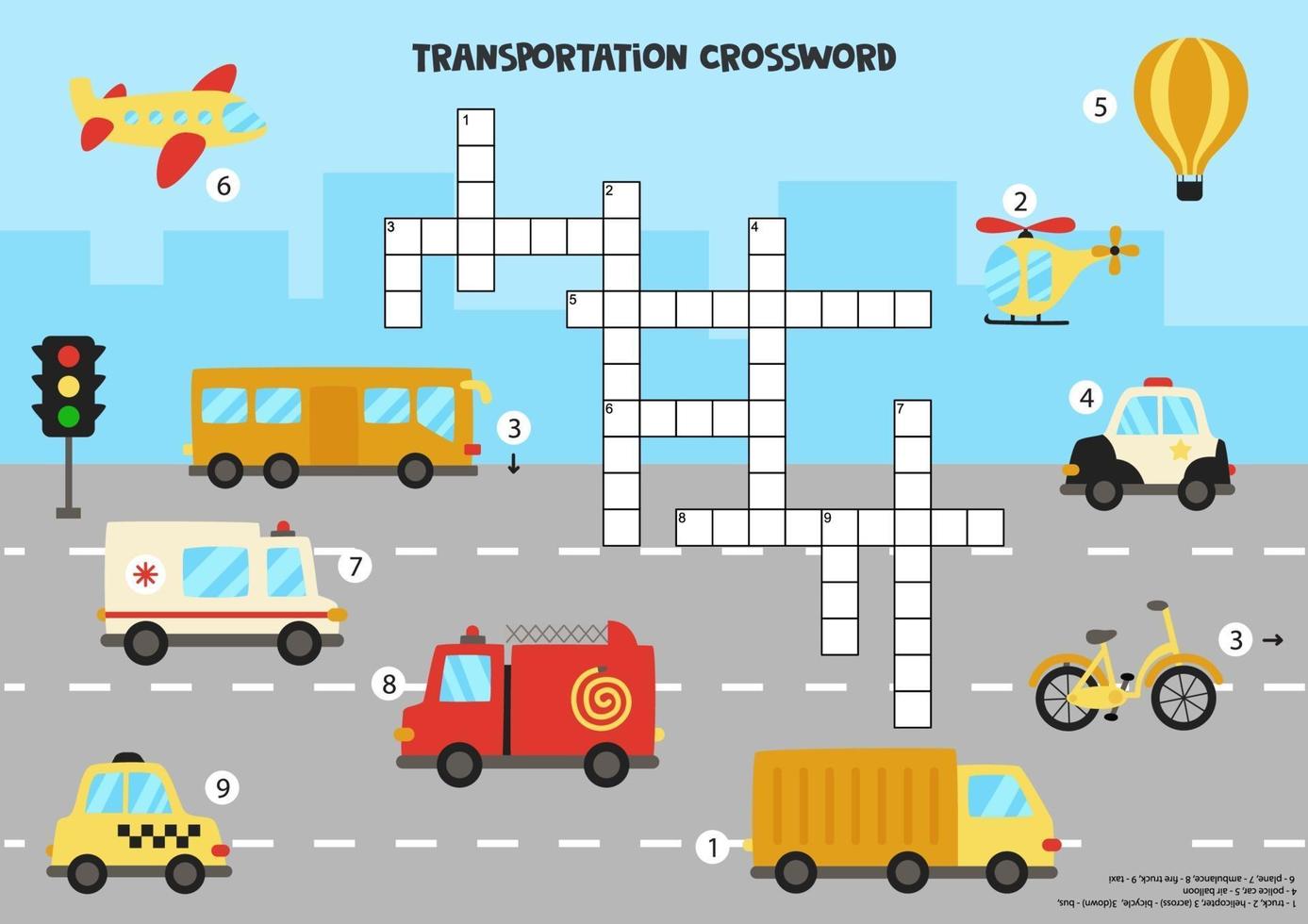 Crossword puzzle for kids with cartoon transportation means. vector