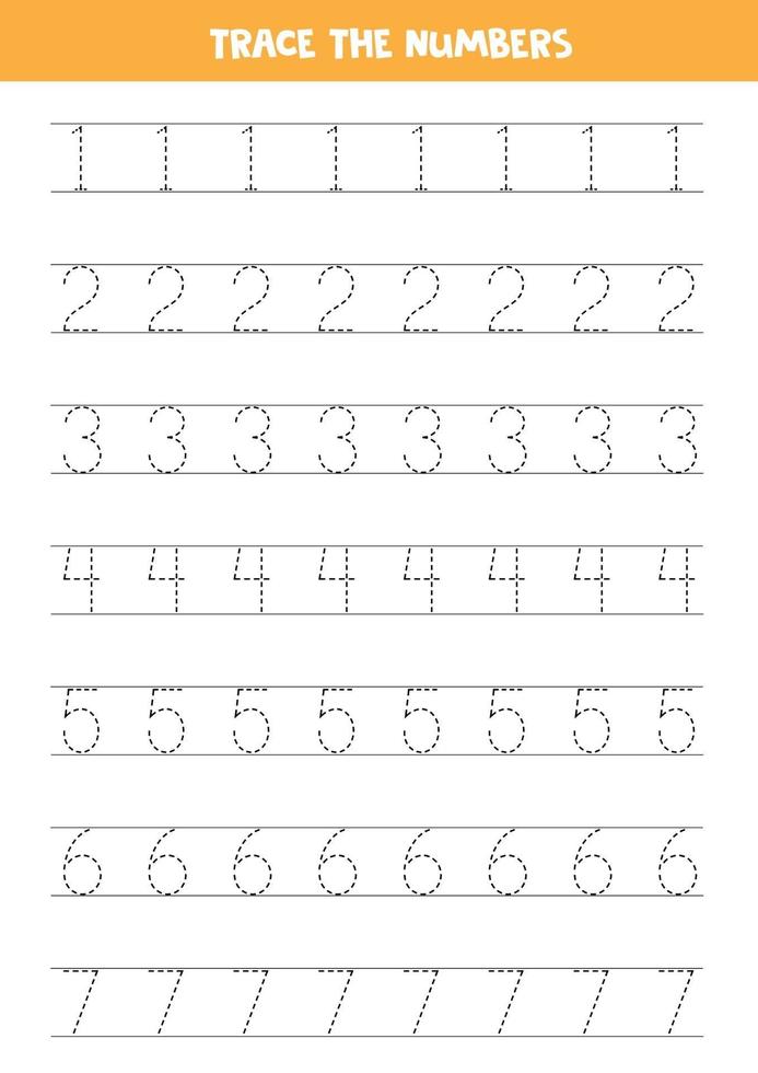 Tracing numbers from one to seven. Writing practice. vector