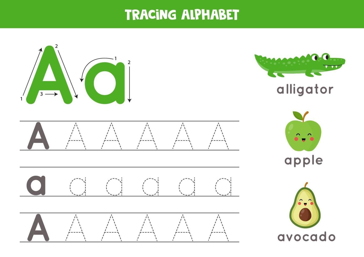 Handwriting practice with alphabet letter. Tracing A. vector