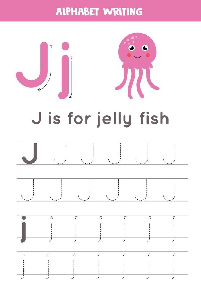 rastreo del alfabeto inglés. la letra j es para medusas. vector