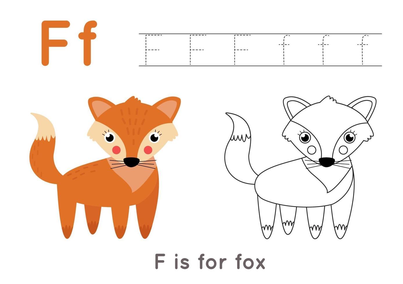 Coloring and tracing page with letter F and cute cartoon fox. vector