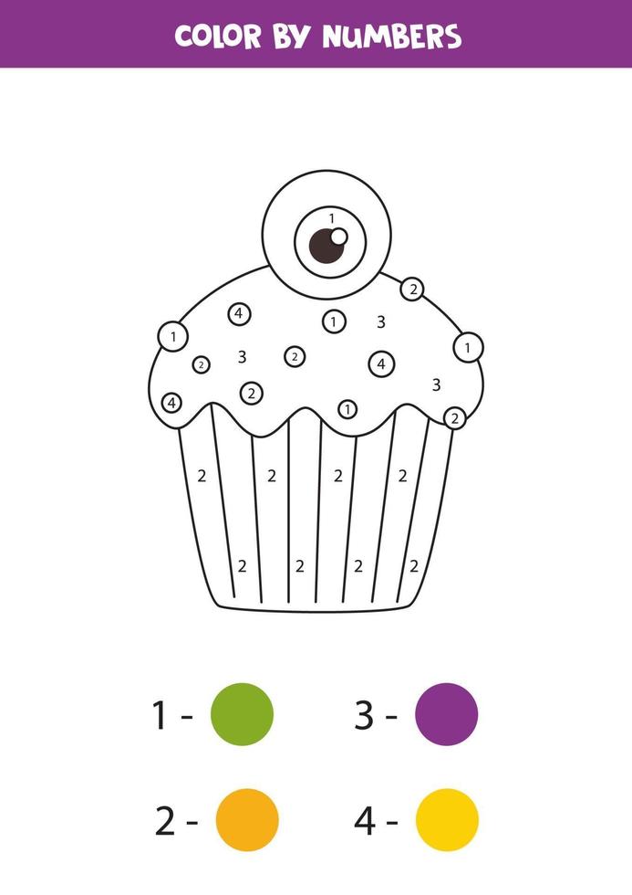 Color Halloween cupcake by numbers. Coloring page for kids. vector