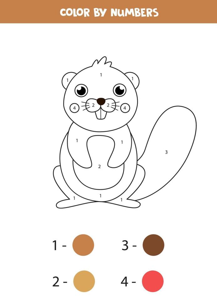 Coloring page with cute cartoon beaver. Educational game. vector