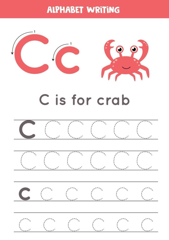 Tracing alphabet letter C with cute cartoon crab. vector