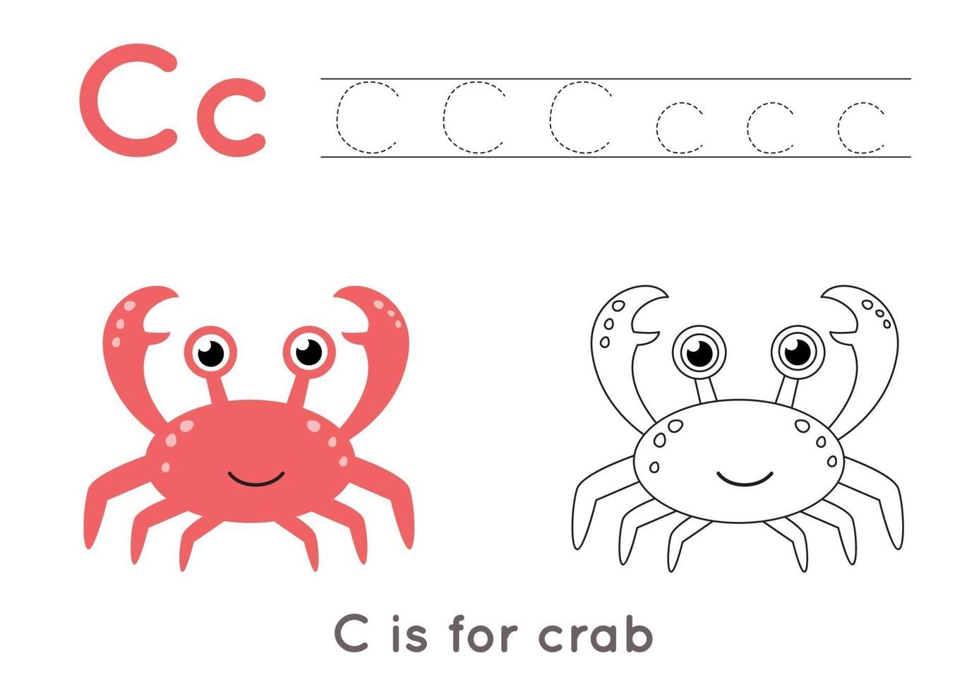 Coloring and tracing page with letter C and cute cartoon crab. vector