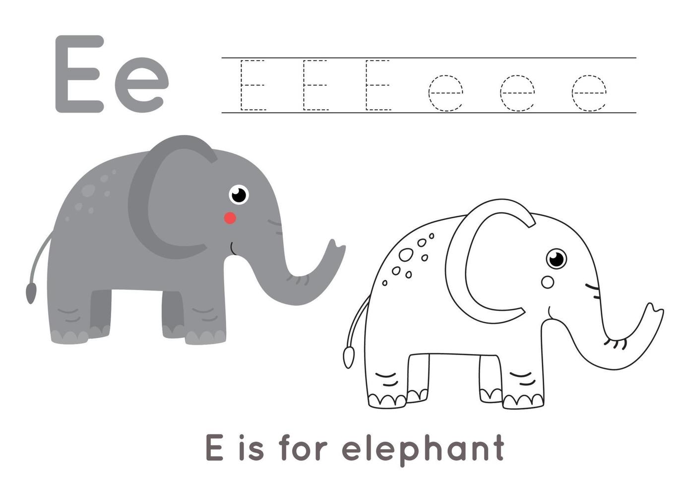 Coloring and tracing page with letter E and cute cartoon elephant. vector