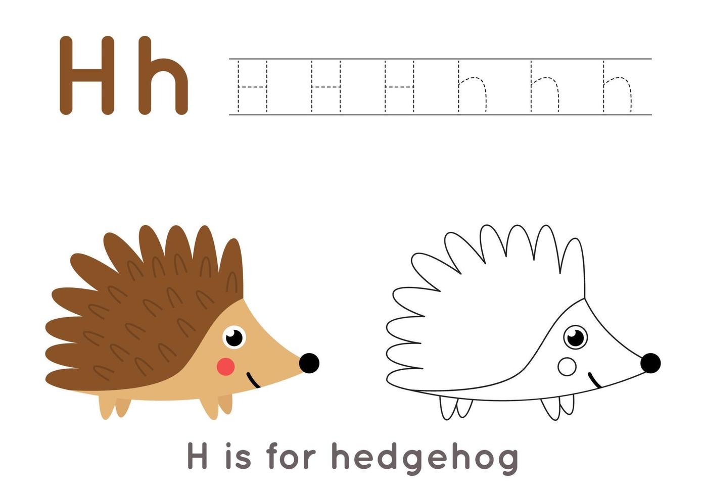 Coloring and tracing page with letter H and cute cartoon hedgehog. vector