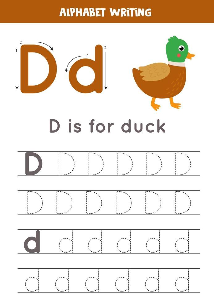 Tracing alphabet letter D with cute cartoon duck. vector