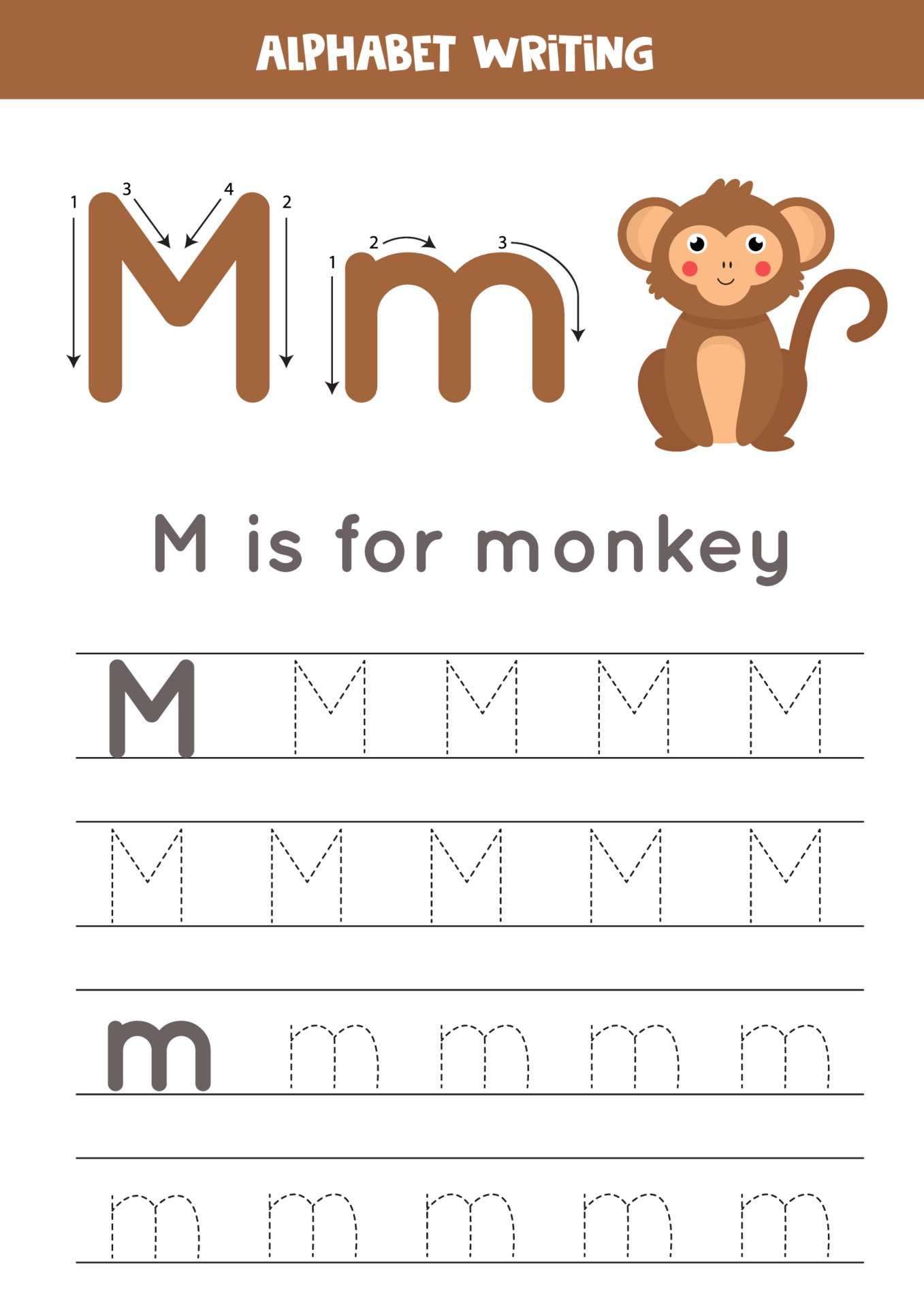 Tracing English alphabet. Letter M is for monkey. 2171370 Vector Art at