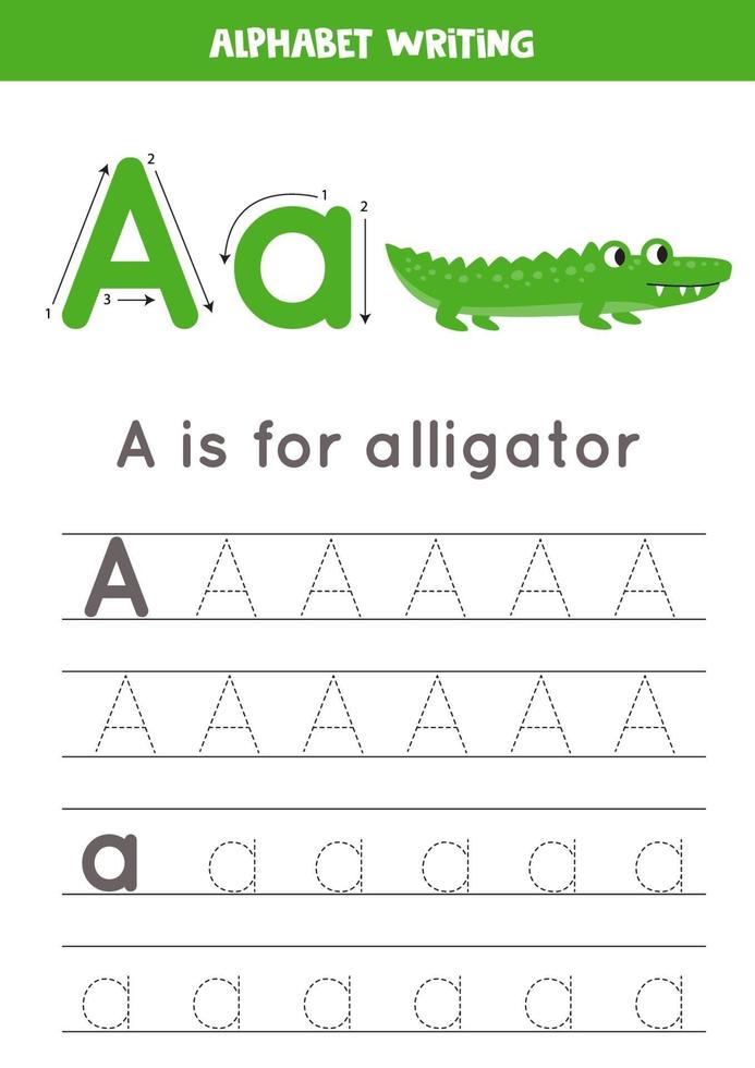 Tracing alphabet letter A with cute cartoon alligator. vector